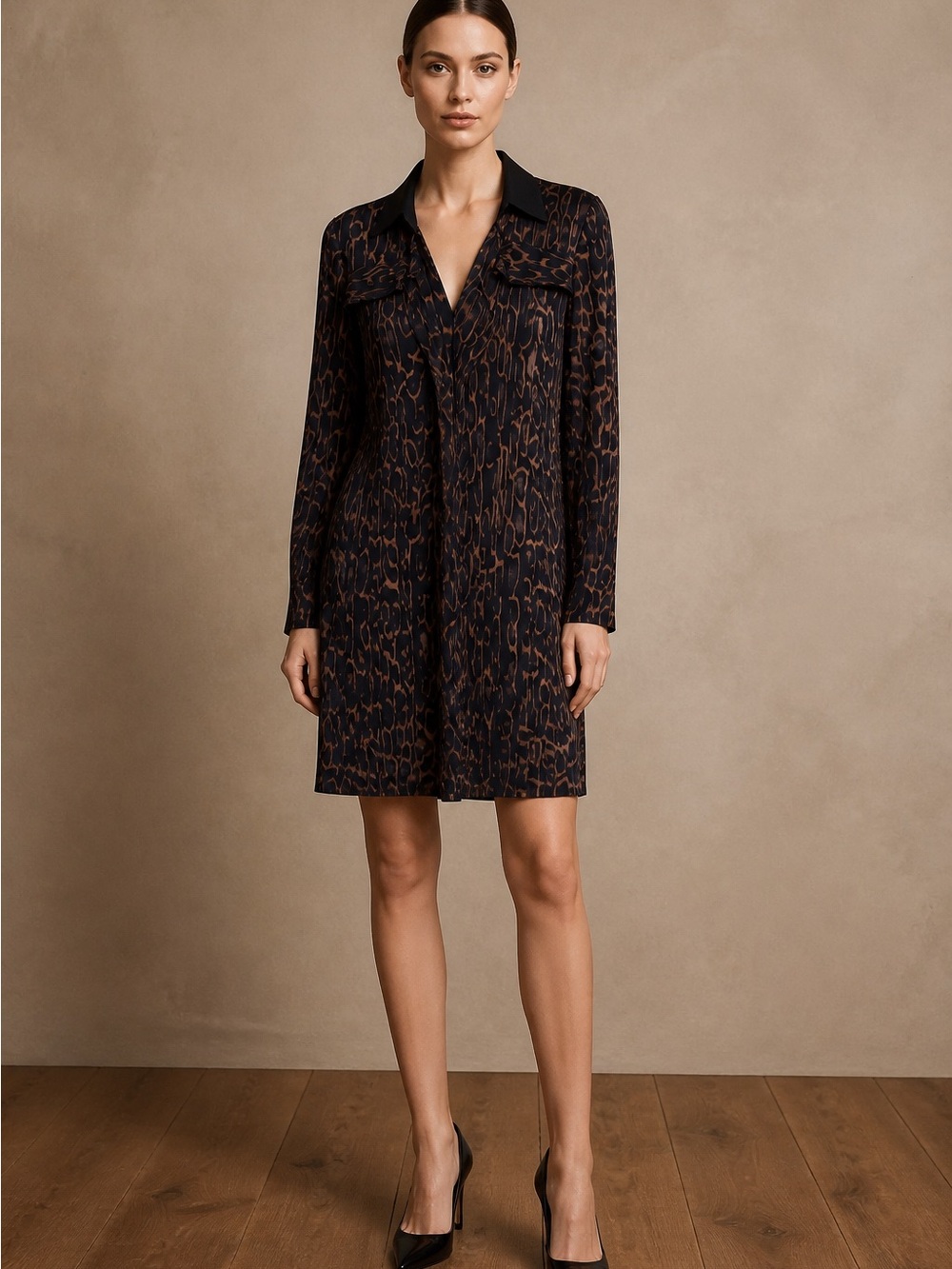 Tahari Black and Brown Abstract-Print Long-Sleeve Dress